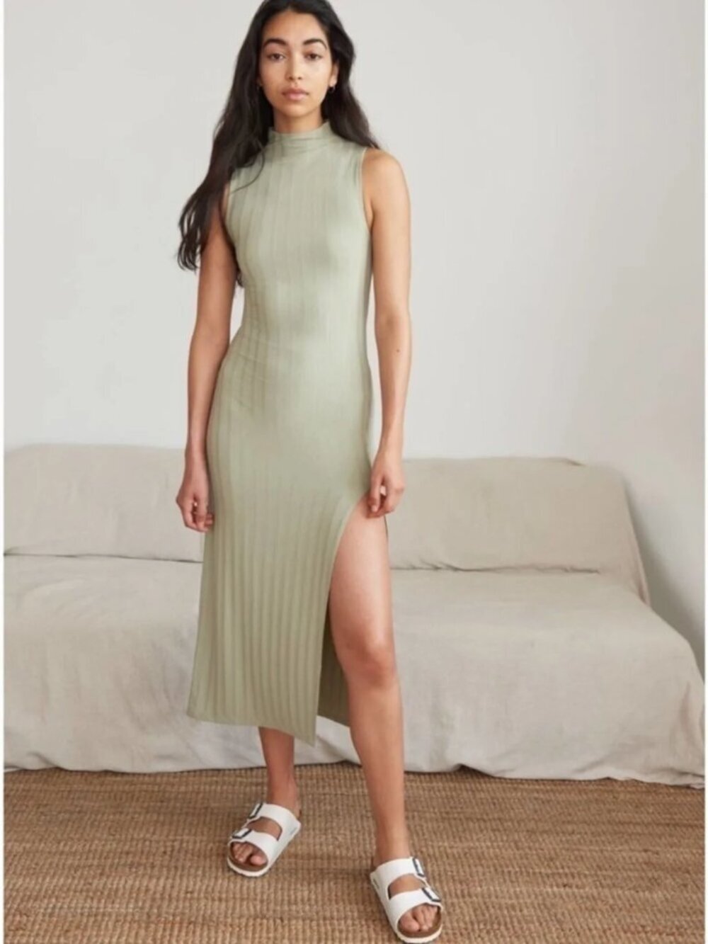 Aritzia Wilfred Free Leo Midi Ribbed Dress Silent Storm Green Size Medium